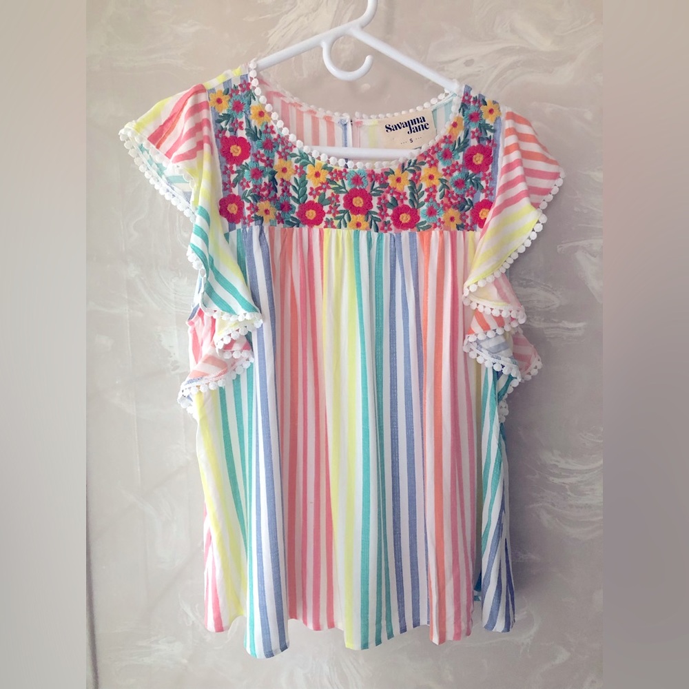 Savannah Jane Floral Stripe Pom Top Bell Sleeves